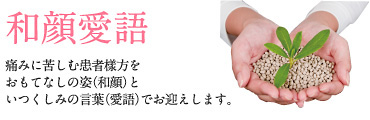 和顔愛語　痛みに苦しむ患者樣方を おもてなしの姿（和顔）と いつくしみの言葉（愛語）でお迎えします。
