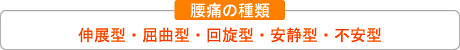 神経症状のない一般的な腰痛の多くは、伸展型、屈曲型、回旋型、安静型、不安型のいずれかに含まれます。